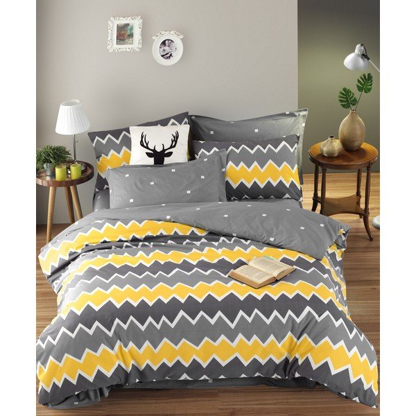 Geltonai pilka medvilninė patalynė dvigulei lovai su paklode ir lovatiese 240x260 cm Zigros – Mijolnir-image-1