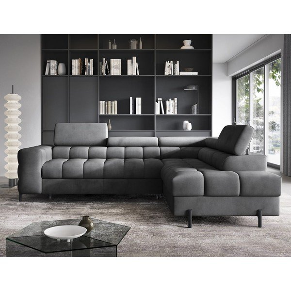 Tamsiai pilkos spalvos iš velveto sulankstoma/su sandėliavimo vieta kampinė sofa (su dešiniuoju kampu/„L“ formos) Ferucce – ELTAP-image-1