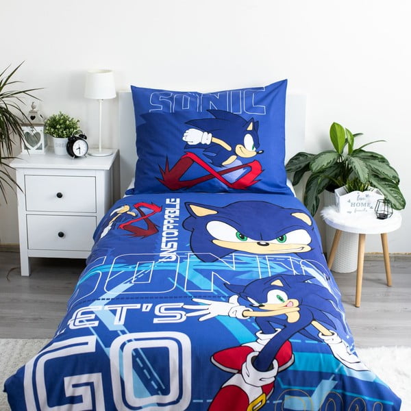 Mėlynos spalvos iš medvilnės viengulė vaikiška patalynė 140x200 cm Sonic "Let´s go" – Jerry Fabrics-image-1