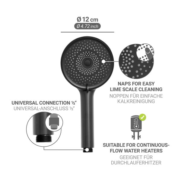 Matinės juodos spalvos iš plastiko dušo galvutė ø 12 cm Softwater – Wenko-image-3