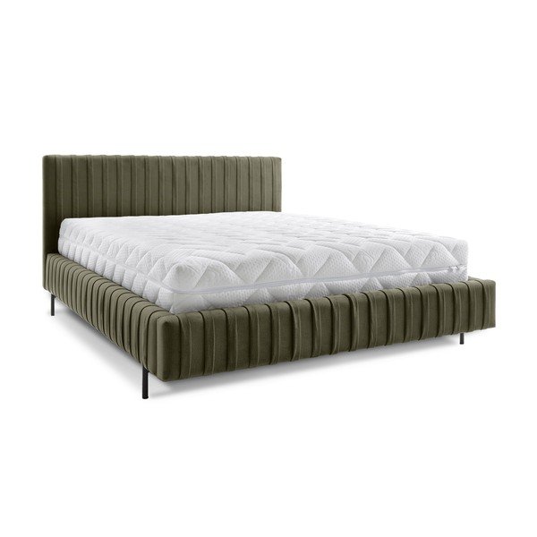 Žalios spalvos dvigulė lova dengta audiniu su sandėliavimo vieta su lovos grotelėmis 140x200 cm Plissa – ELTAP