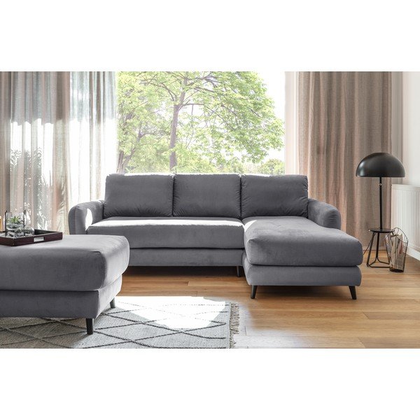 Šviesiai pilkos spalvos aksominė kampinė sofa su pakoja Miuform Cozy Claire, dešinysis kampas-image-2