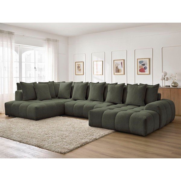 Žalios spalvos iš šenilinio audinio sulankstoma/su sandėliavimo vieta kampinė sofa (su kairiuoju kampu/„U“ formos) Everest – Bobochic Paris-image-1