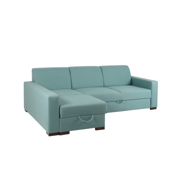 Turkio spalvos kampinė sofa-lova su laikymo vieta ir poilsio guoliu kairėje pusėje Individualizuotos formos "Lozier