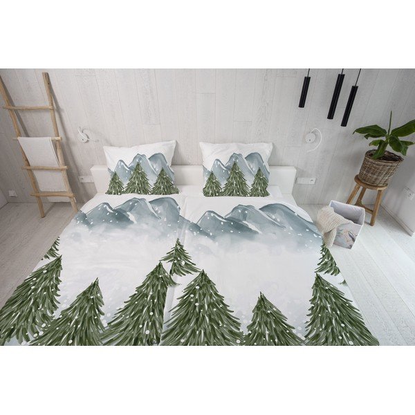 Balta/žalia medvilninio satino viengulė paklodė 140x200 cm In the Woods - Butter Kings-image-1