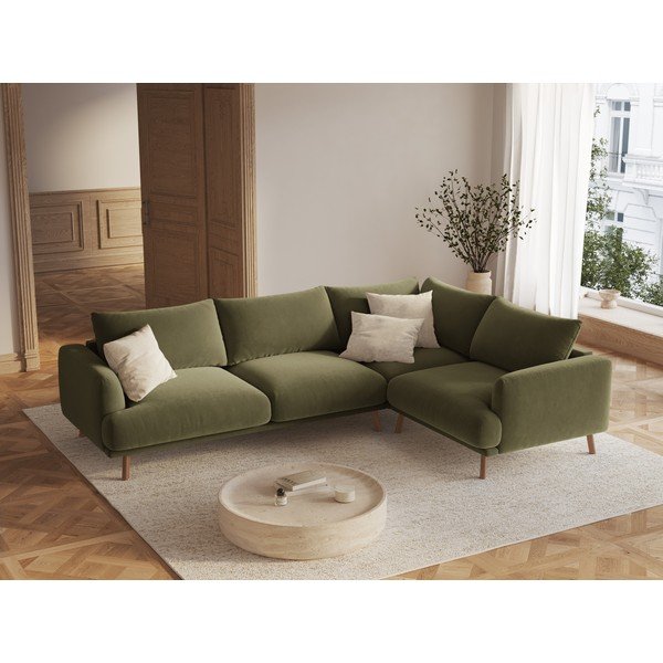 Žalios spalvos kampinė sofa iš velveto (su dešiniuoju kampu/„L“ formos) Naomi – Micadoni -image-1