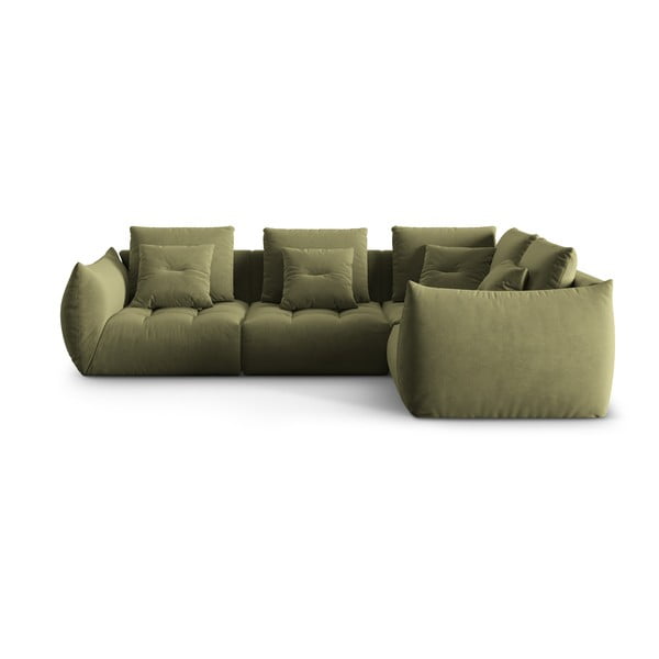 Šviesiai žalios spalvos iš velveto kampinė sofa (su dešiniuoju kampu/„L“ formos) Bloom – Micadoni 