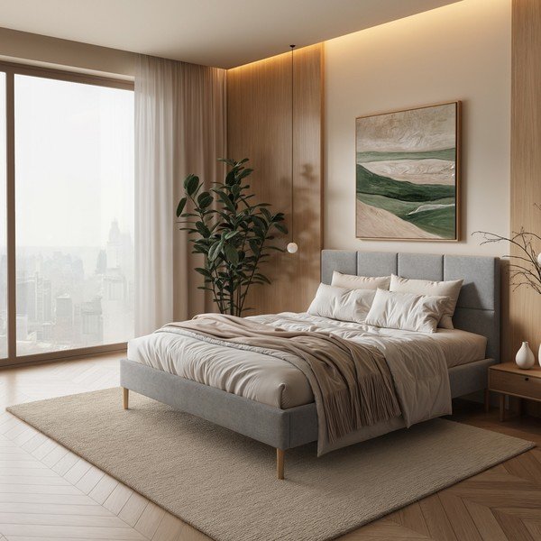 Pilkos spalvos dvigulė lova audiniu dengta su lovos grotelėmis 160x200 cm Alano – MESONICA-image-1