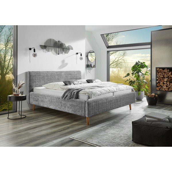 Šviesiai pilkos spalvos dvigulė lova audiniu dengta su lovos grotelėmis 180x200 cm Primavera – Meise Möbel-image-1