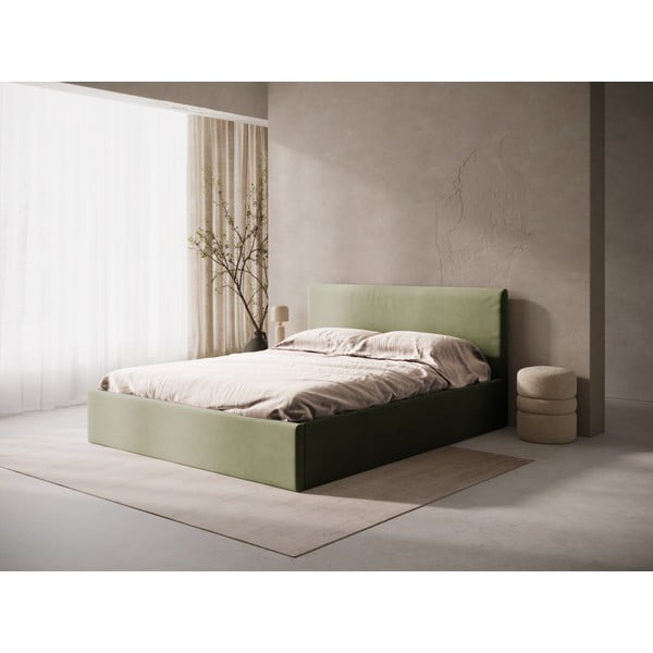 Žalios spalvos dvigulė lova audiniu dengta su sandėliavimo vieta/be galvūgalio su lovos grotelėmis 140x200 cm Susan – Micadoni -image-1
