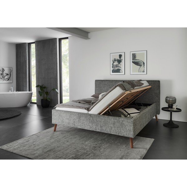 Pilkos spalvos dvigulė lova audiniu dengta su sandėliavimo vieta su lovos grotelėmis 180x200 cm Riva – Meise Möbel-image-3