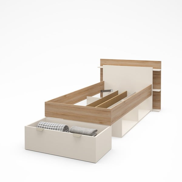 Viengulė lova baltos spalvos/natūralios spalvos iš ąžuolo su sandėliavimo vieta be grotelių 90x200 cm Albo – Marckeric-image-4