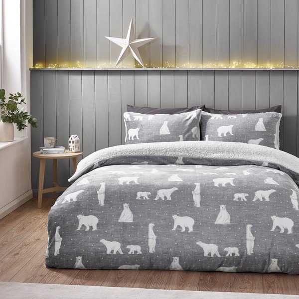 Pilkos spalvos iš sherpa vilnos viengulė patalynė 135x200 cm Cosy Polar Bear – Catherine Lansfield-image-1