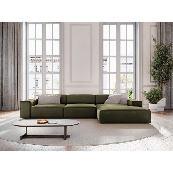 Khaki spalvos modulinė kampinė sofa iš velveto (su dešiniuoju kampu/su gultu) Jodie – Micadoni -image-1