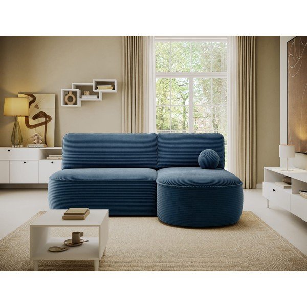 Tamsiai mėlynos spalvos sulankstoma/su sandėliavimo vieta kampinė sofa iš kordinio velveto (su dešiniuoju kampu/su gultu) Livosa – ELTAP-image-1
