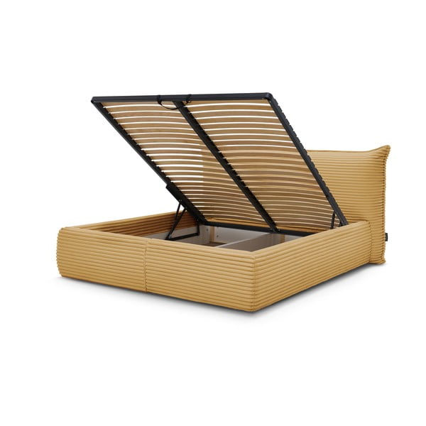 Dvigulė lova geltonos spalvos audiniu dengta su sandėliavimo vieta su lovos grotelėmis 160x200 cm Jade – Bobochic Paris-image-3