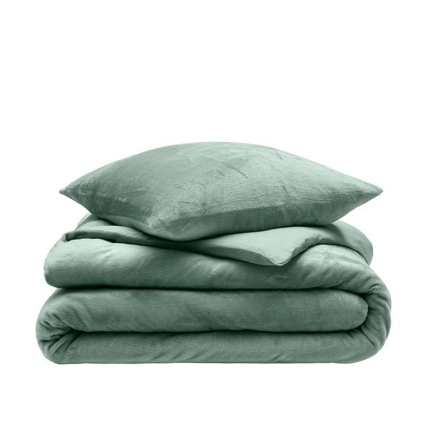 Žalios spalvos iš mikroflanelės dvigulė/itin ilga patalynė 3 dalių 240x220 cm Flanou – douceur d'intérieur