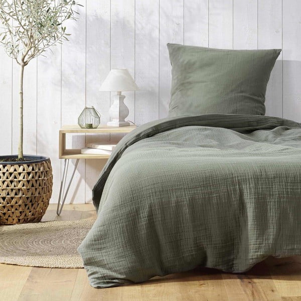 Iš muslino viengulė patalynė khaki spalvos 140x200 cm Angelia – douceur d'intérieur