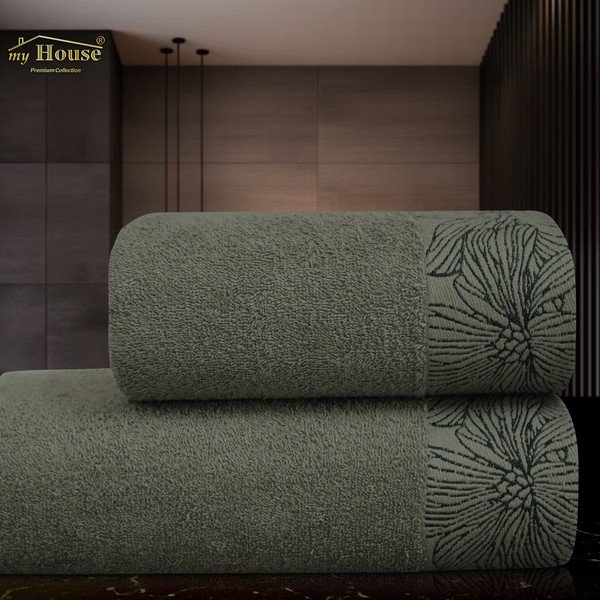 Tamsiai žalios spalvos iš frote audinio iš medvilnės rankšluostis 50x100 cm Valencia – My House-image-1