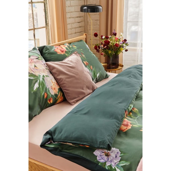 Tamsiai žalios spalvos dvivietė patalynė iš medvilnės satino Bonami Selection Floret, 160 x 220 cm-image-3