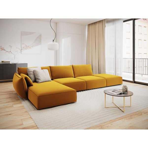 Garstyčių spalvos iš velveto kampinė sofa (su kairiuoju kampu/su gultu) Vanda – Mazzini Sofas-image-1