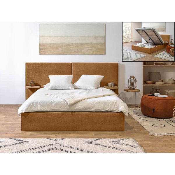 Dvigulė lova ochros spalvos audiniu dengta su sandėliavimo vieta su lovos grotelėmis 160x200 cm Blandine – Bobochic Paris-image-1