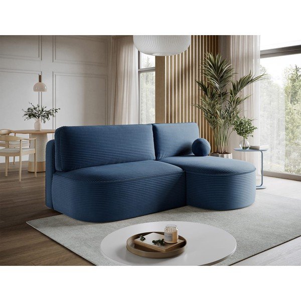 Tamsiai mėlynos spalvos sulankstoma/su sandėliavimo vieta kampinė sofa iš kordinio velveto (su dešiniuoju kampu/su gultu) Livosa – ELTAP-image-4