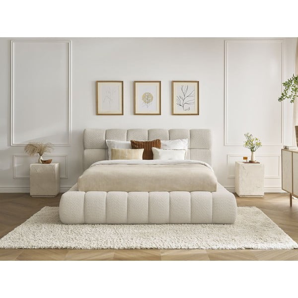 Dvigulė lova smėlio spalvos audiniu dengta su sandėliavimo vieta su lovos grotelėmis 180x200 cm Mont Blanc – Bobochic Paris-image-1