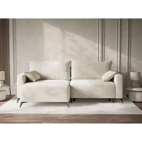 Kreminės spalvos sulankstoma/su sandėliavimo vieta kampinė sofa iš šenilinio audinio (su kairiuoju kampu/su gultu) Leon – Maison de Rêve-image-1