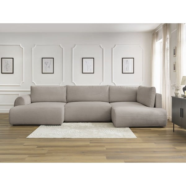 Šviesiai pilkos spalvos/smėlio spalvos sulankstoma/su sandėliavimo vieta kampinė sofa iš kordinio velveto (su dešiniuoju kampu/„U“ formos) Lucien – Bobochic Paris-image-1