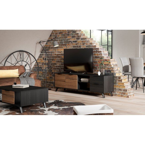Juodos/natūralios spalvos graikinio riešuto TV staliukas 181x53 cm Noe - Marckeric-image-1