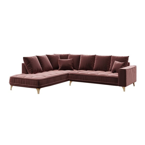 Tamsiai rožinė aksominė kampinė sofa Devichy Chloe, kairysis kampas, 288 cm