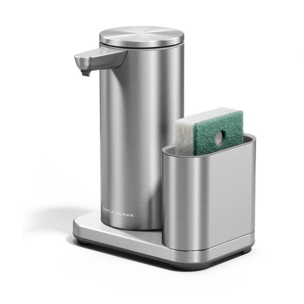 Automatinis sidabrinės spalvos iš metalo stovas skalbimo reikmenims – simplehuman