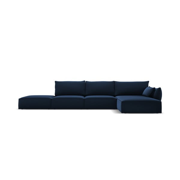 Tamsiai mėlynos spalvos iš velveto kampinė sofa (su dešiniuoju kampu/su gultu) Vanda – Mazzini Sofas