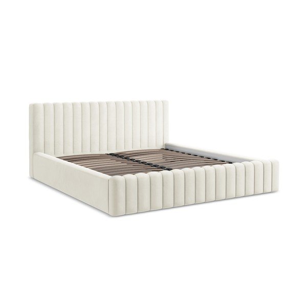 Kreminės spalvos dvigulė lova audiniu dengta su sandėliavimo vieta su lovos grotelėmis 140x200 cm Lemi – Makamii-image-2