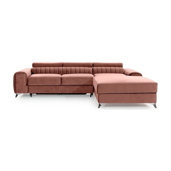 Rožinės spalvos iš velveto sulankstoma/su sandėliavimo vieta kampinė sofa (su dešiniuoju kampu/su gultu) Grayson – ELTAP