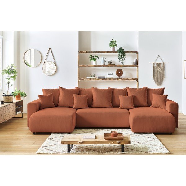 Terakotos raudonos spalvos velvetinė U formos sofa-lova Bobochic Paris Envy-image-1