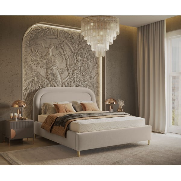 Dvigulė lova smėlio spalvos audiniu dengta su sandėliavimo vieta su lovos grotelėmis 160x200 cm Mija – Maison de Rêve-image-1