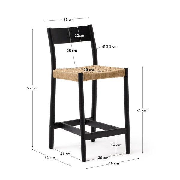 Juodos spalvos/natūralios spalvos iš ąžuolo masyvo baro taburetė (sėdynės aukštis 65 cm) Yalia – Kave Home-image-3