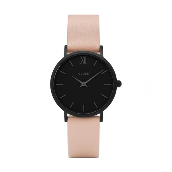 Moteriškas laikrodis su odiniu dirželiu ir juodu ciferblatu Cluse Minuit