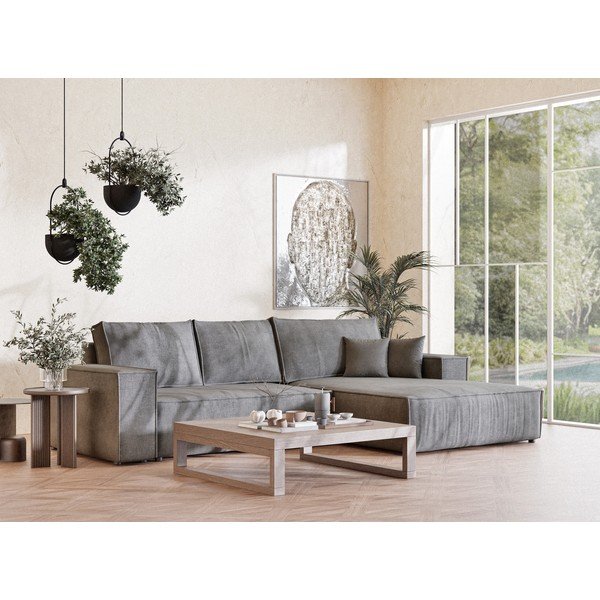 Pilkos spalvos sulankstoma/su sandėliavimo vieta kampinė sofa iš šenilinio audinio (su dešiniuoju kampu/su gultu) Maze – Maison de Rêve-image-1