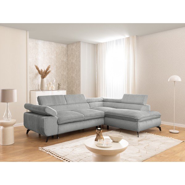 Šviesiai pilkos spalvos kampinė sofa iš kordinio velveto (su dešiniuoju kampu/„L“ formos) Marbeya  – Ropez-image-1