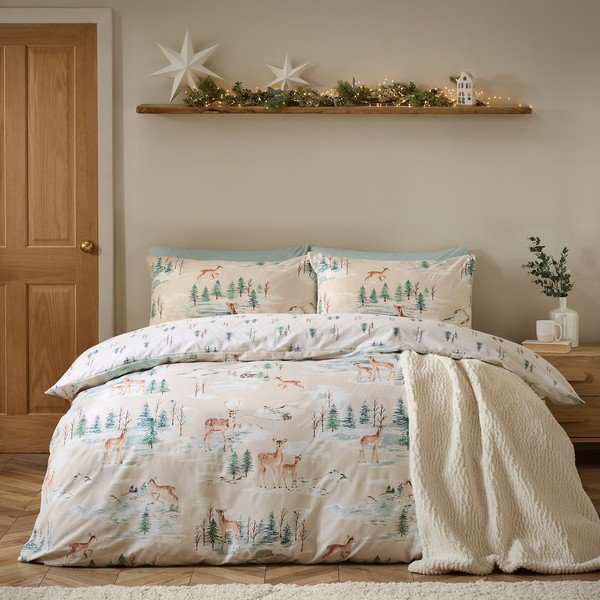Natūralios spalvos iš flanelės viengulė patalynė 135x200 cm Brushed Christmas Deer – Catherine Lansfield