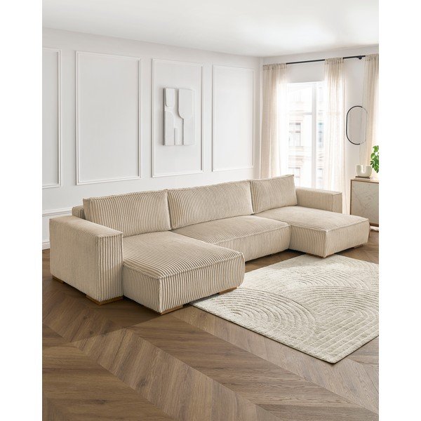 Šviesiai rudos spalvos iš kordinio velveto sulankstoma/su sandėliavimo vieta kampinė sofa („U“ formos) Chelsea – Bobochic Paris-image-1