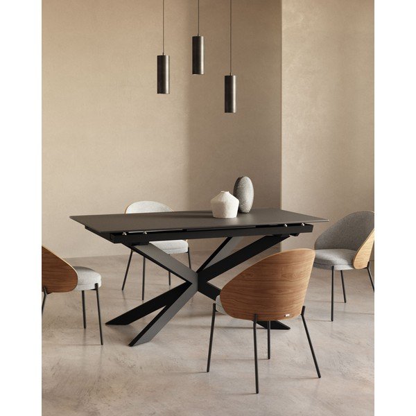 Prailginamas valgomojo stalas juodos spalvos su stikliniu stalviršiu 90x210 cm Atminda – Kave Home-image-1