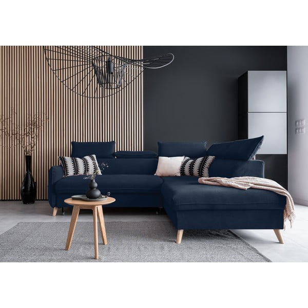 Sulankstoma kampinė sofa iš velveto tamsiai mėlynos spalvos (su dešiniuoju kampu) Sweet Harmony – Miuform-image-1