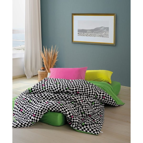 Juodos ir baltos spalvos iš ranforce medvilnės dvigulė/itin ilga patalynė su paklode/4 dalių 200x220 cm Dazzle – Mijolnir