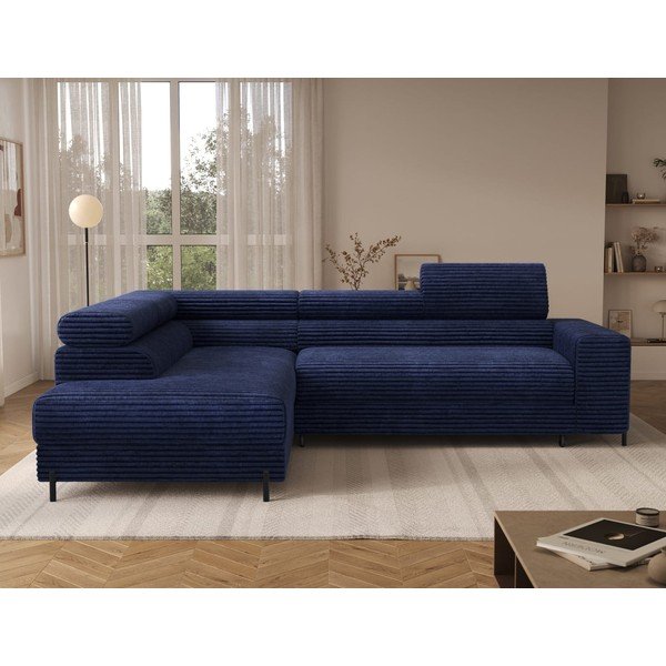 Tamsiai mėlynos spalvos kampinė sofa iš kordinio velveto (su kairiuoju kampu/„L“ formos) Colesio – ELTAP-image-1
