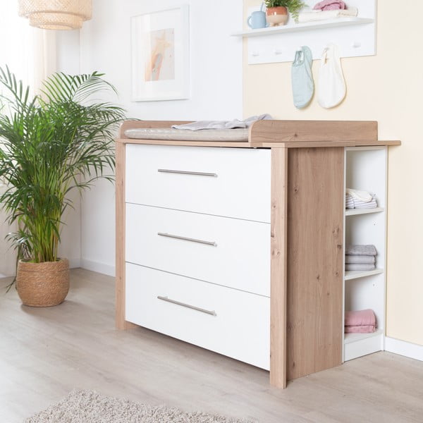 Žema su vystymo stalu vaikiška šoninė spintelė baltos spalvos/natūralios spalvos iš ąžuolo 112x98 cm – Roba-image-1