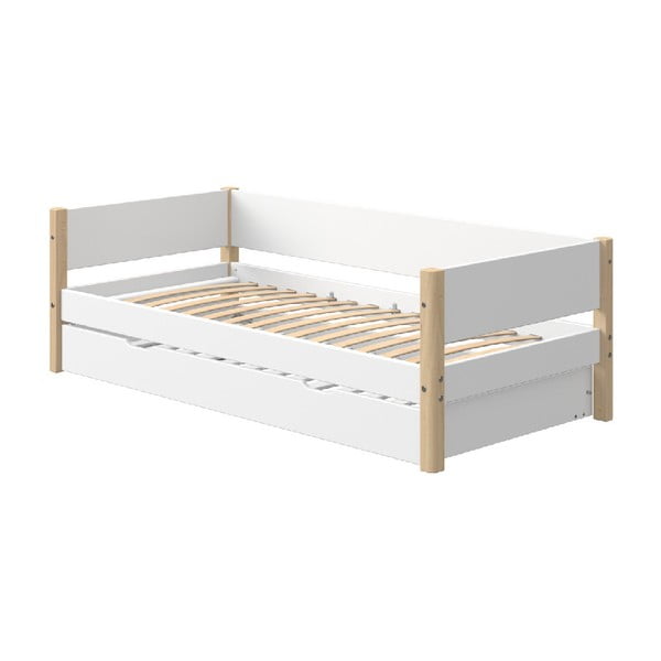 Balta vaikiška lova su natūraliomis kojomis ir ištraukiama lova Flexa White Single, 90 x 200 cm